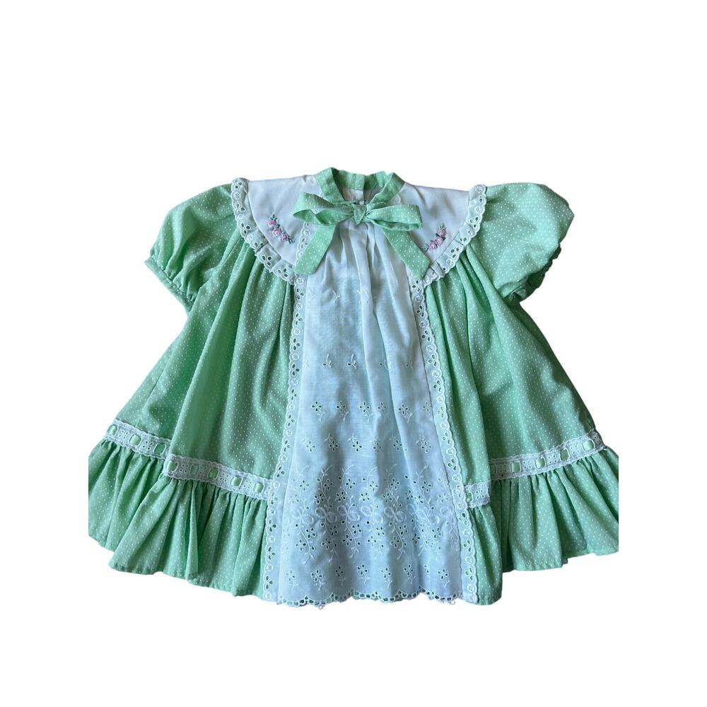 Vintage baby girl lace polka dot dress in mint sherbet 3-6mos